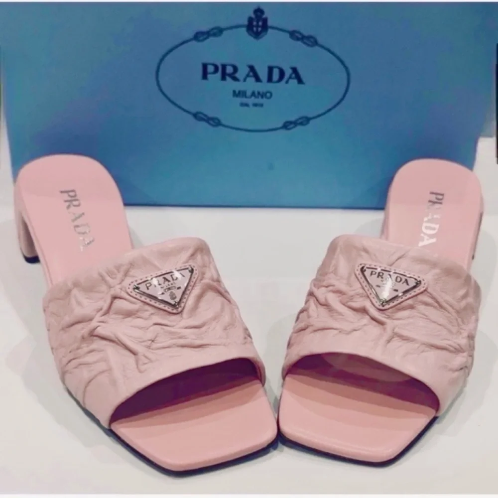 Prada Crinkled Leather Block-Heel Slip on Logo Mules Sandals size 8 Pale Pink